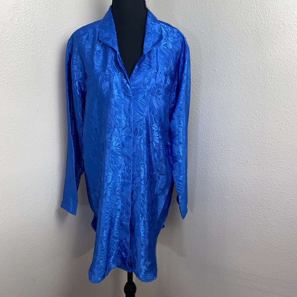 Vintage Contemporary Button Nightgown Women's Medium‎ Blue Satin Floral Pockets